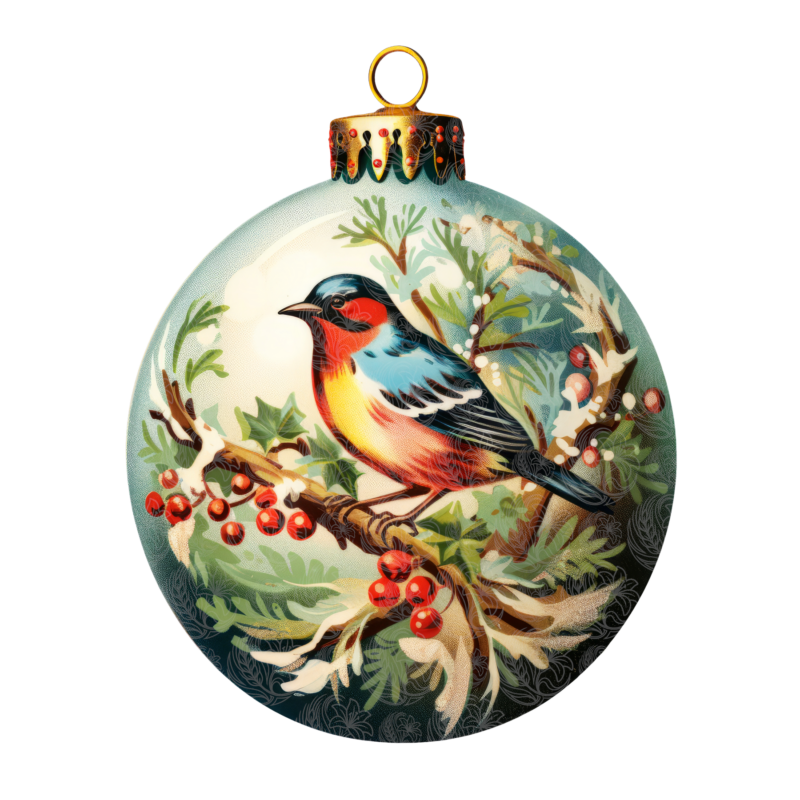 vintage bird christmas ornament with holly berries and winter foliage on pale teal globe, Grey Barn Handwerk, Saskatchewan
